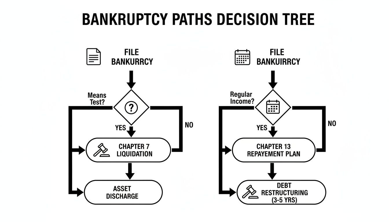 Decision tree flowchart illustrating two bankruptcy paths: Chapter 7 liquidation and Chapter 13 repayment plan.