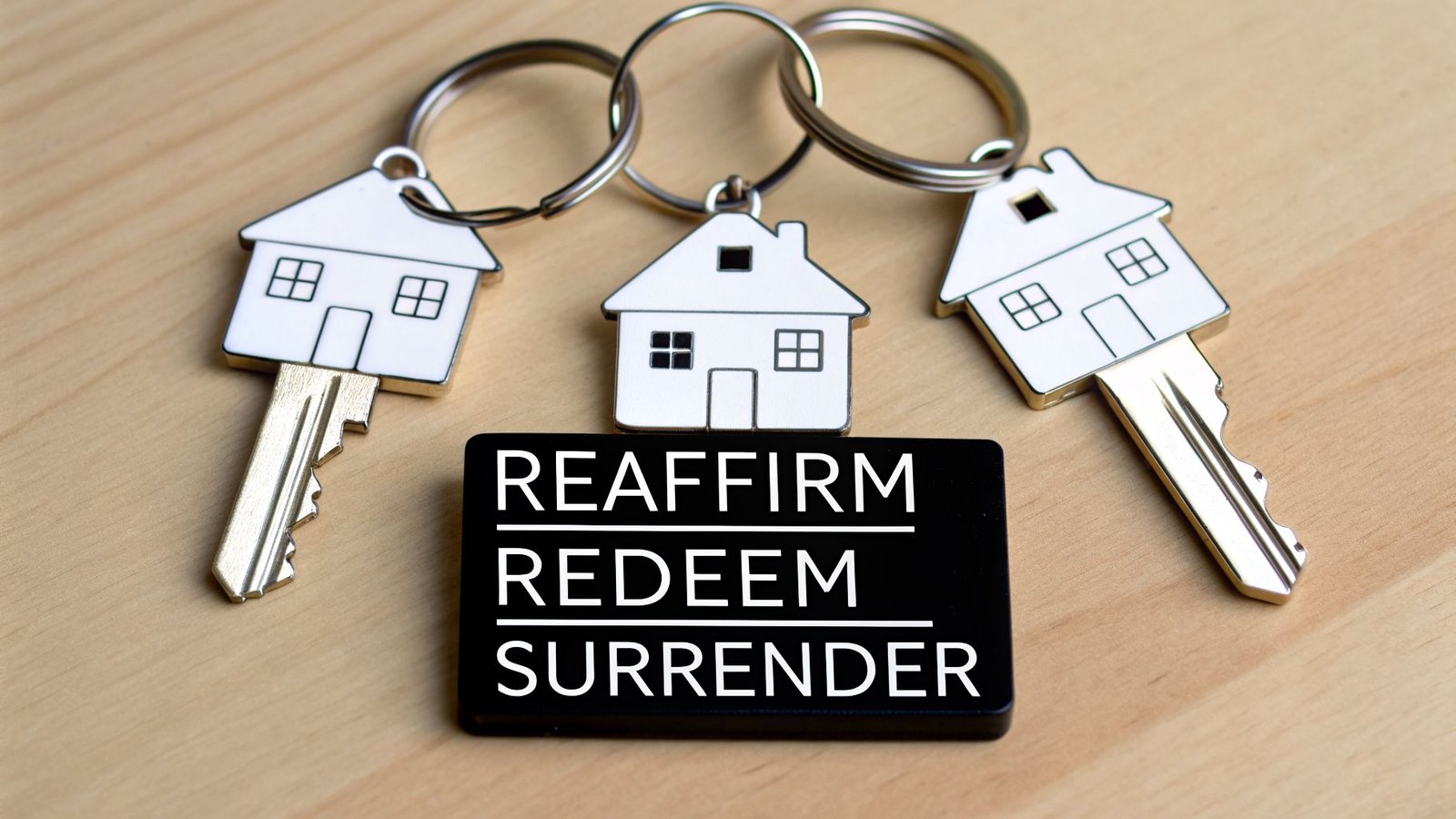 Three house-shaped keys with a sign displaying 'REAFFIRM REDEEM SURRENDER' on a wooden table.