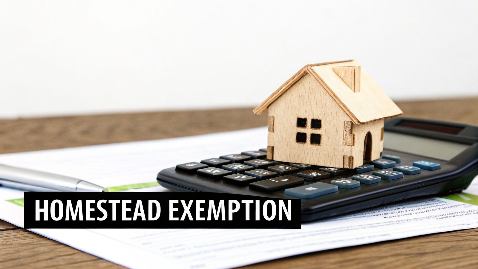 A wooden model house sits on a calculator with a pen and papers, illustrating homestead exemption.
