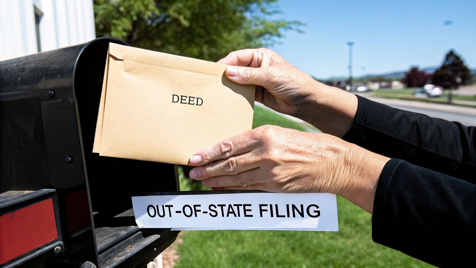 Hands place a 'DEED' envelope into a mailbox, labeled 'OUT-OF-STATE FILING' for legal paperwork.