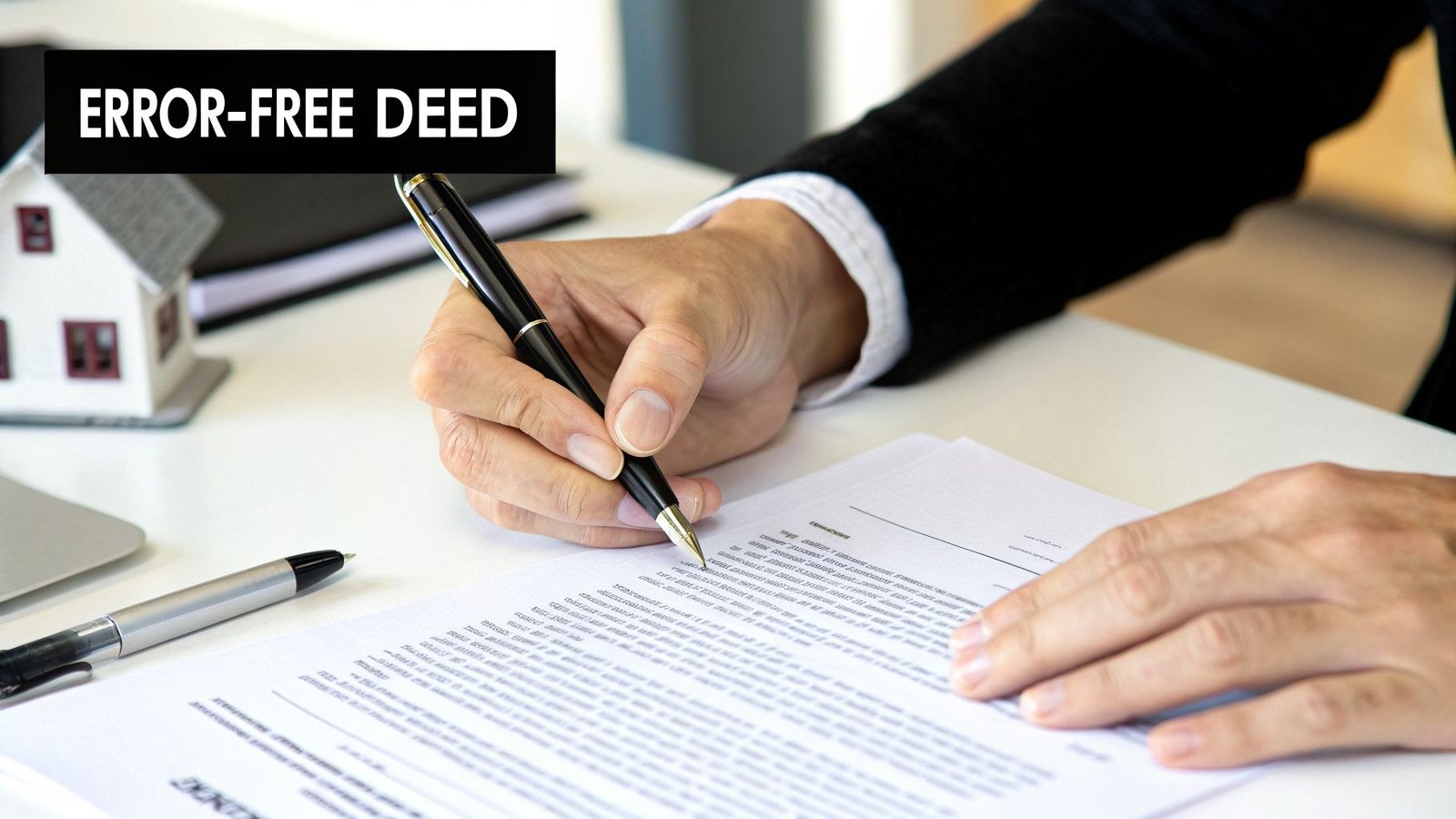 Person in a suit signing an error-free deed with a pen, with a model house in the background.