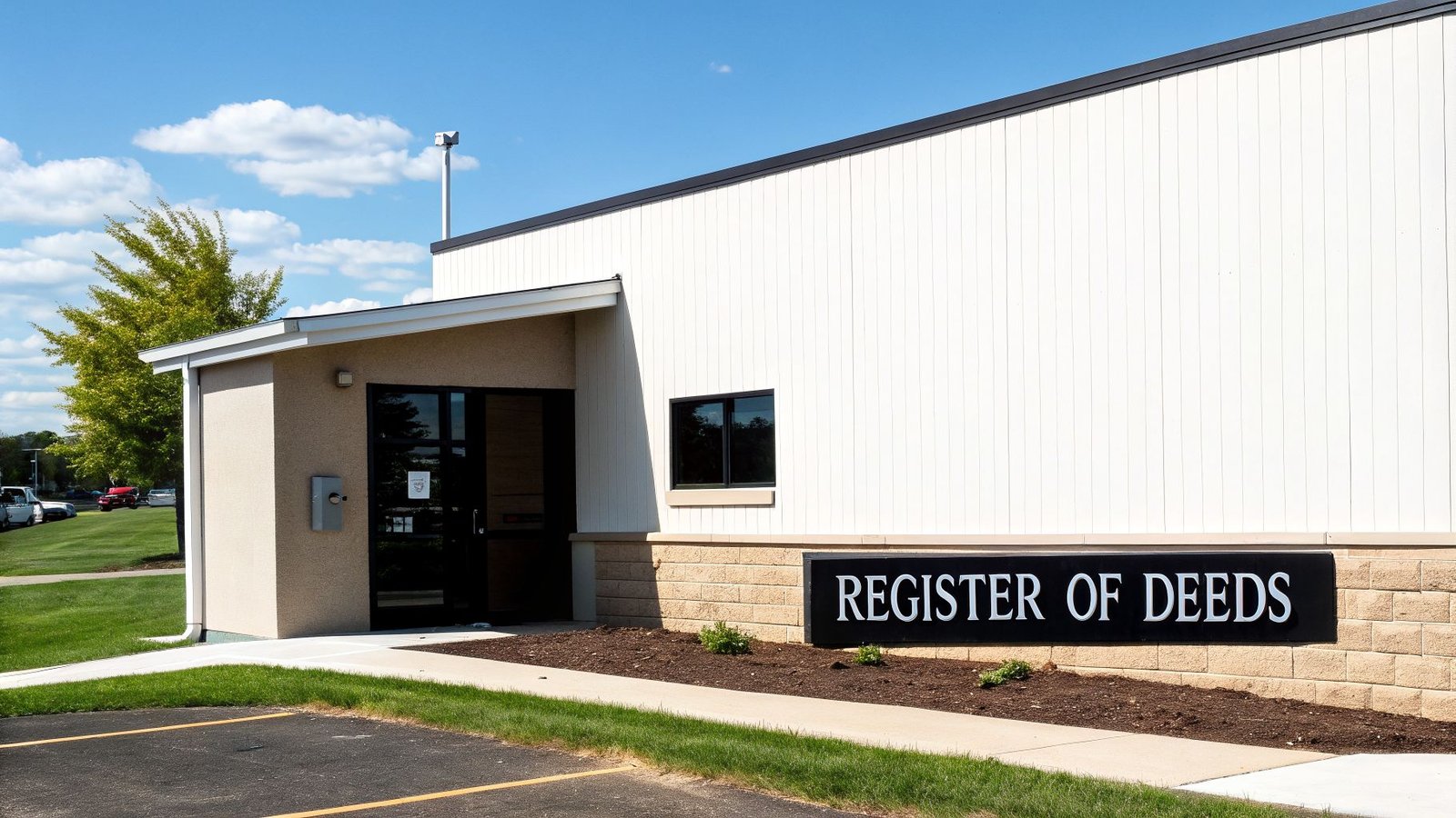 Exterior view of a modern building with a "REGISTER OF DEEDS" sign on a sunny day.