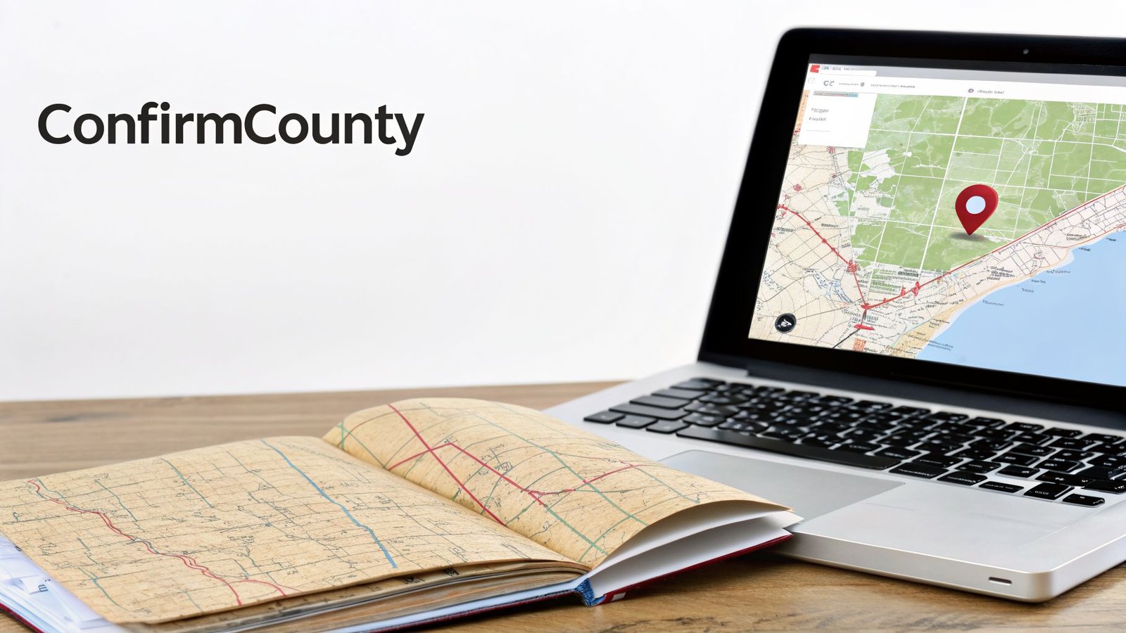 A laptop displaying a digital map with a pin, an open map book, and the ConfirmCounty logo.