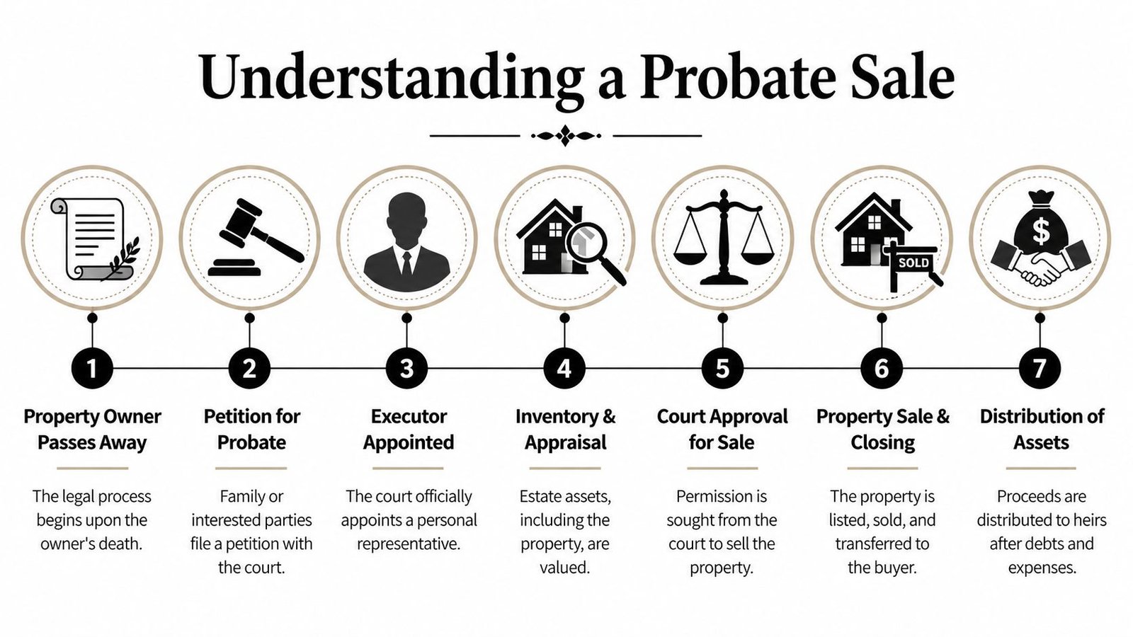 A flow chart outlining the seven stages of a probate property sale from start to finish.