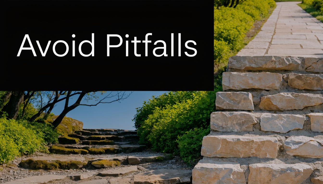 A stone pathway winding through a garden beside a set of stone steps with the words Avoid Pitfalls.
