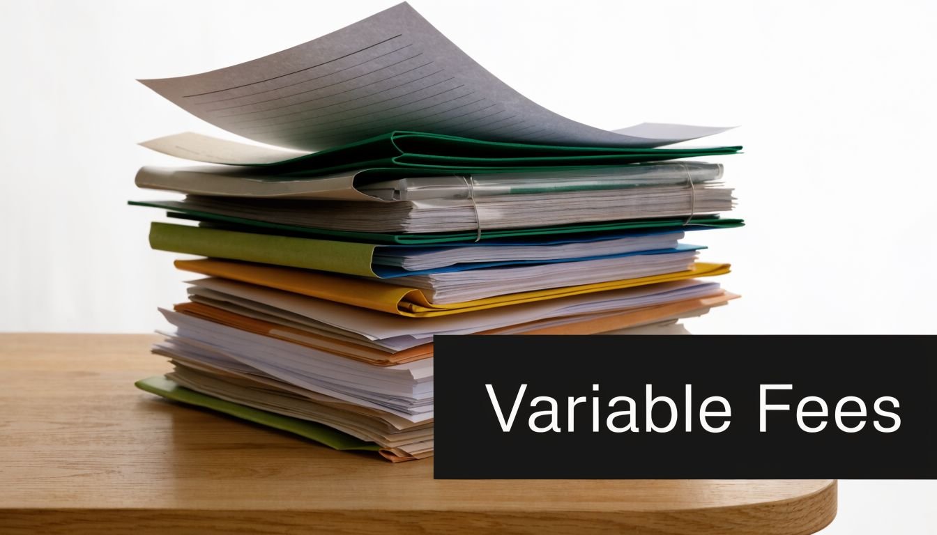 A large stack of paper files and colored folders sitting on a wooden desk with text overlay.