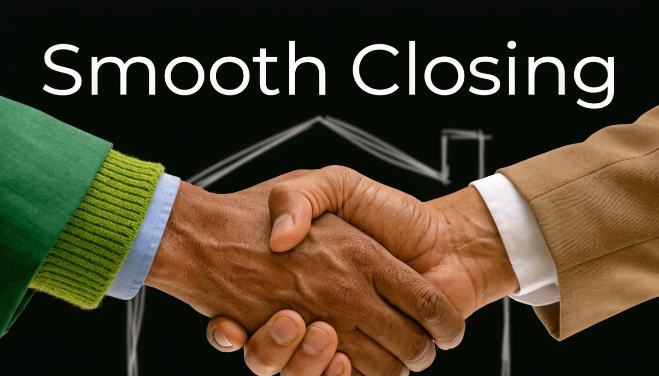 A professional handshake between two people in front of a drawn house outline on a blackboard.