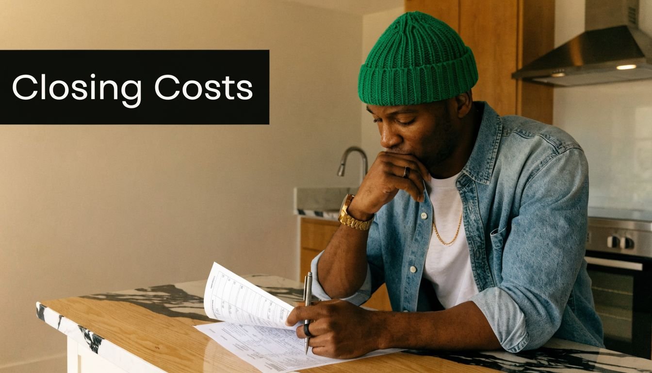 A man in a green beanie reviewing closing documents for his new home in the kitchen.
