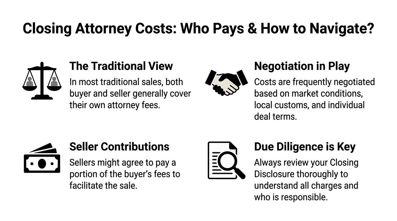 An infographic explaining who pays closing attorney costs during real estate transactions with four simple tips.