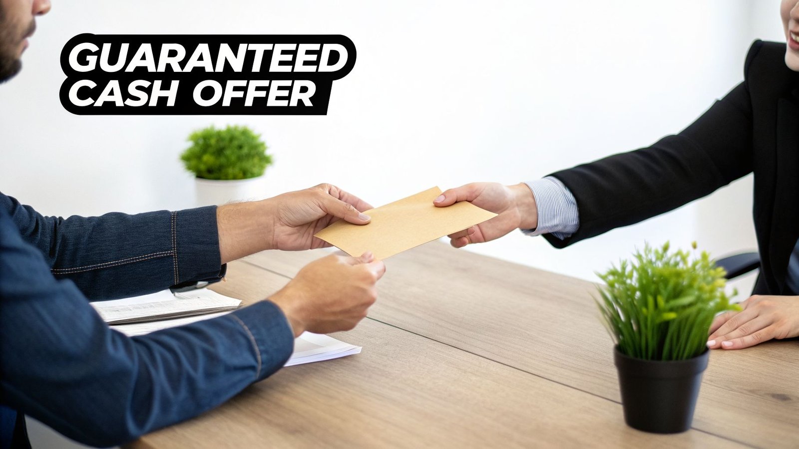 Hands of two individuals exchanging a brown envelope across a wooden table, featuring 'Guaranteed Cash Offer' text.