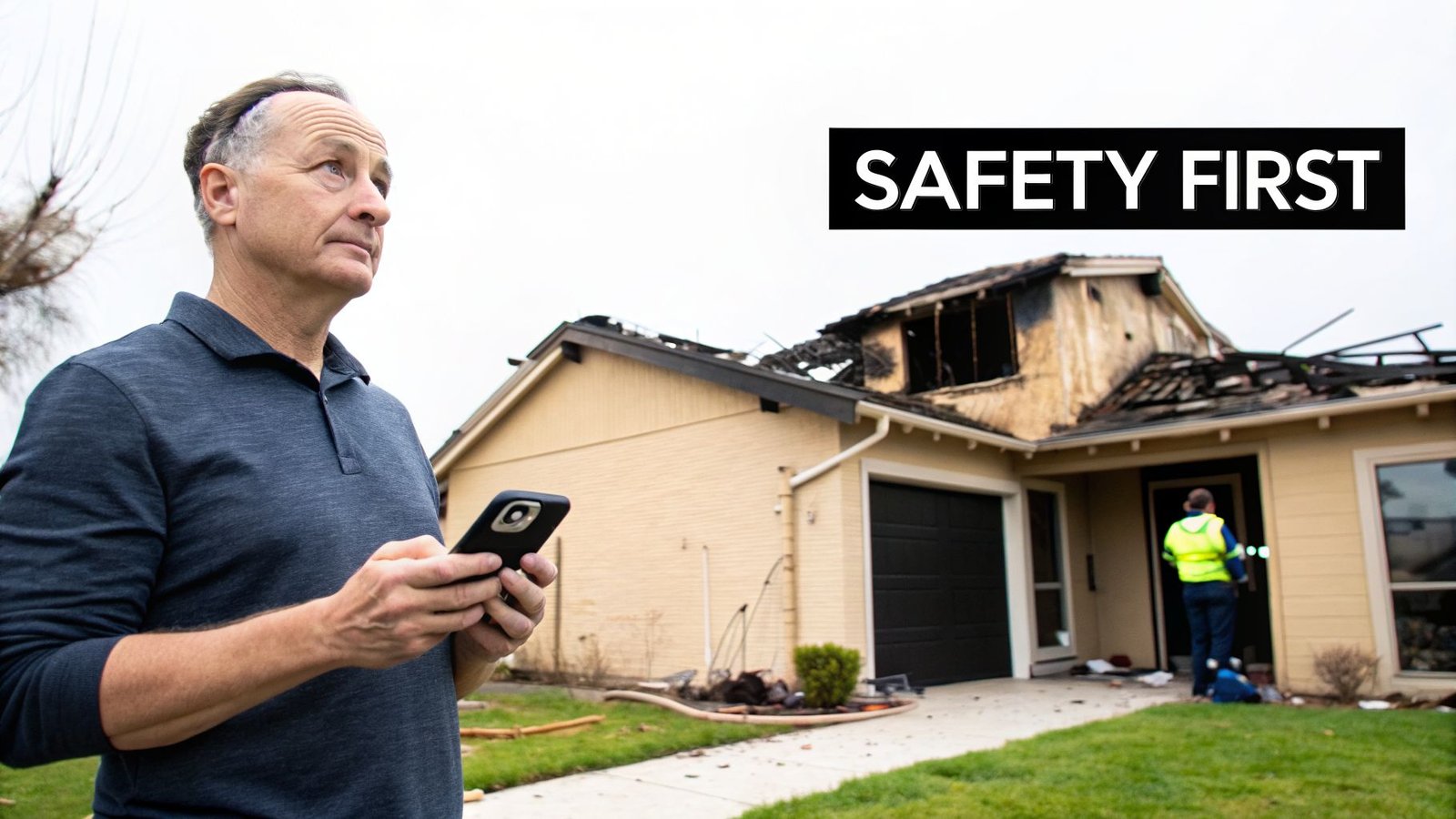 Man with phone observes a fire-damaged house with a worker, text 'SAFETY FIRST' overlaid.