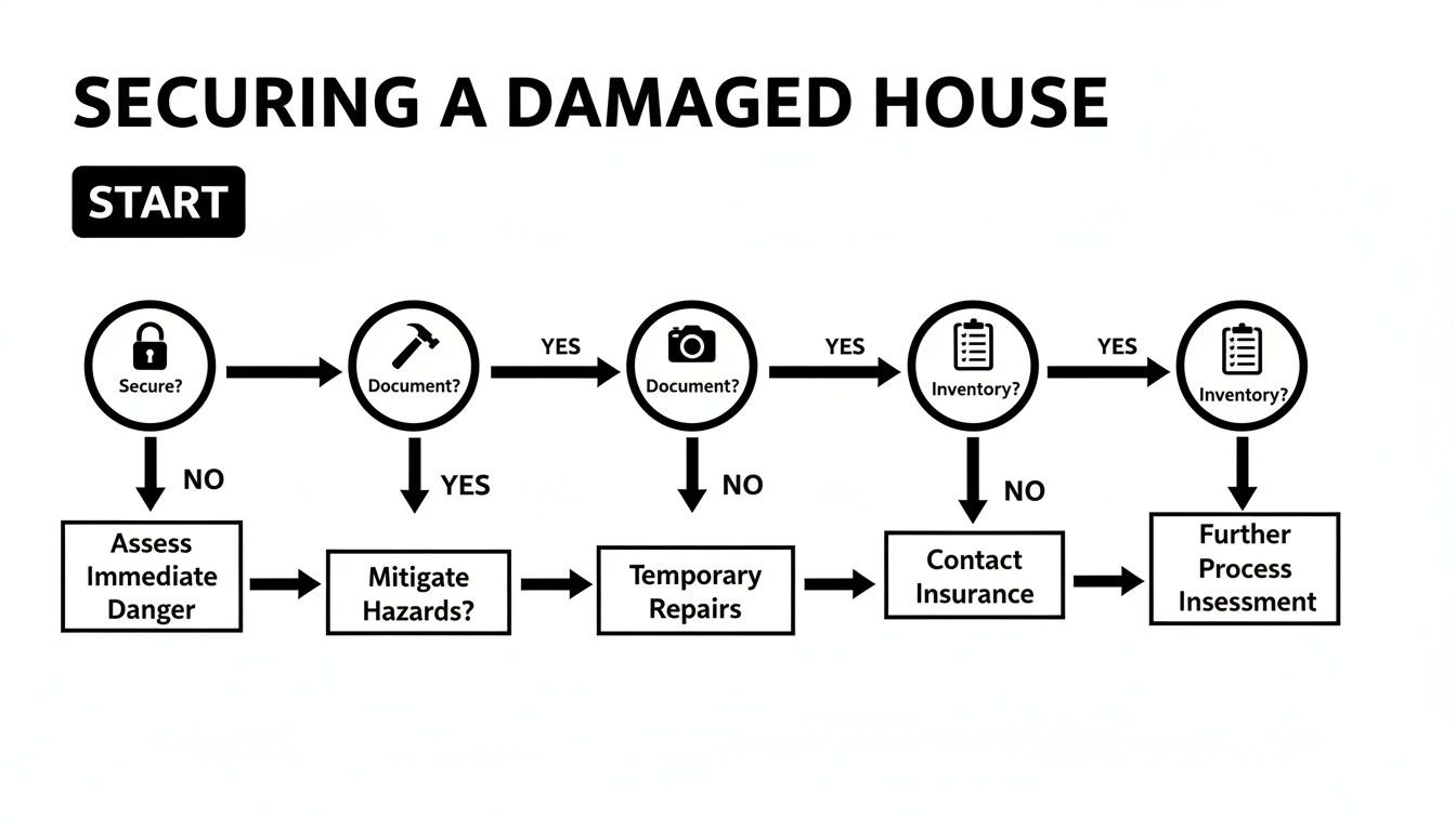 Flowchart showing the process and steps for securing a damaged house.