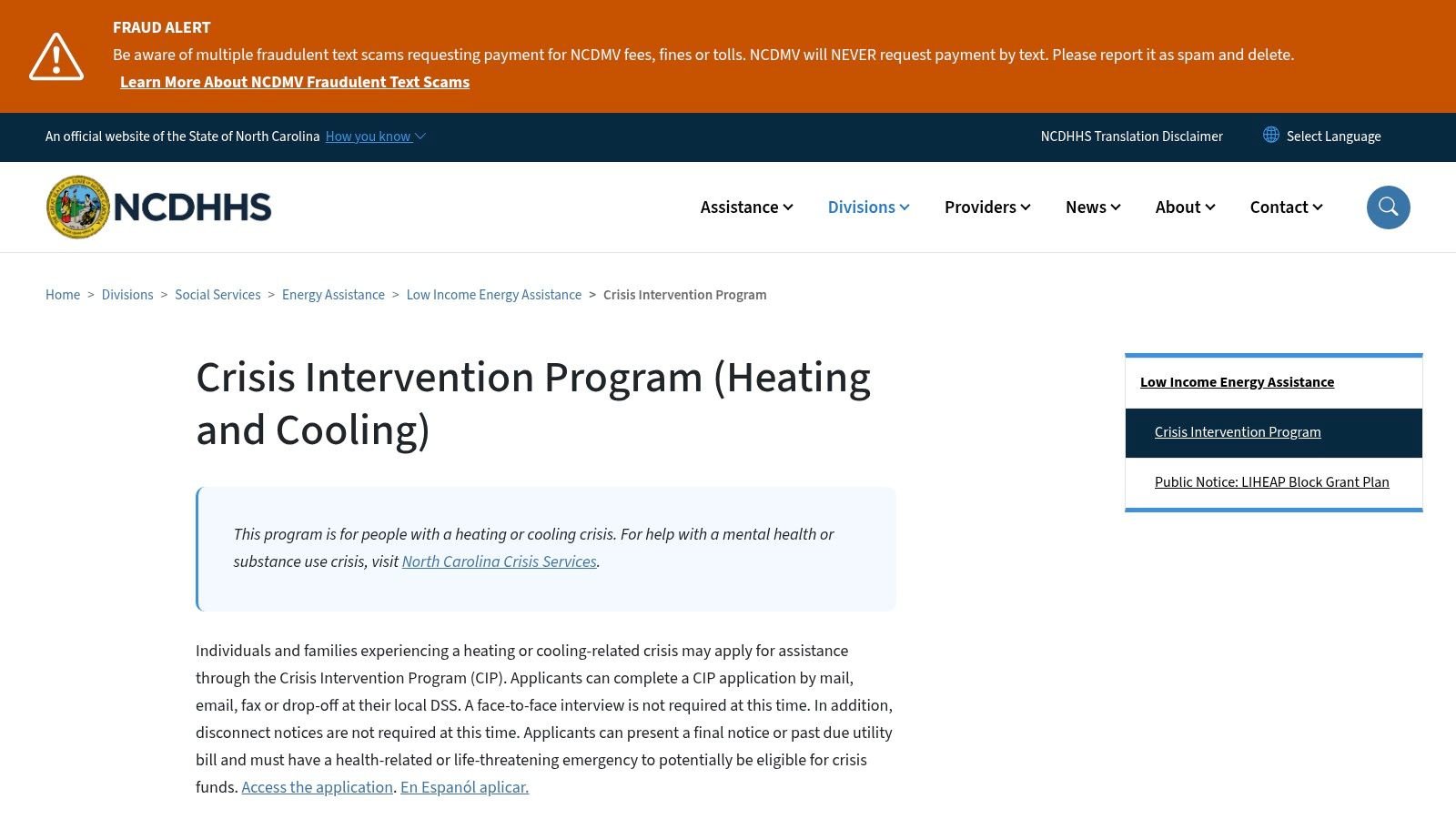 LIHEAP (Crisis Intervention Program – North Carolina)