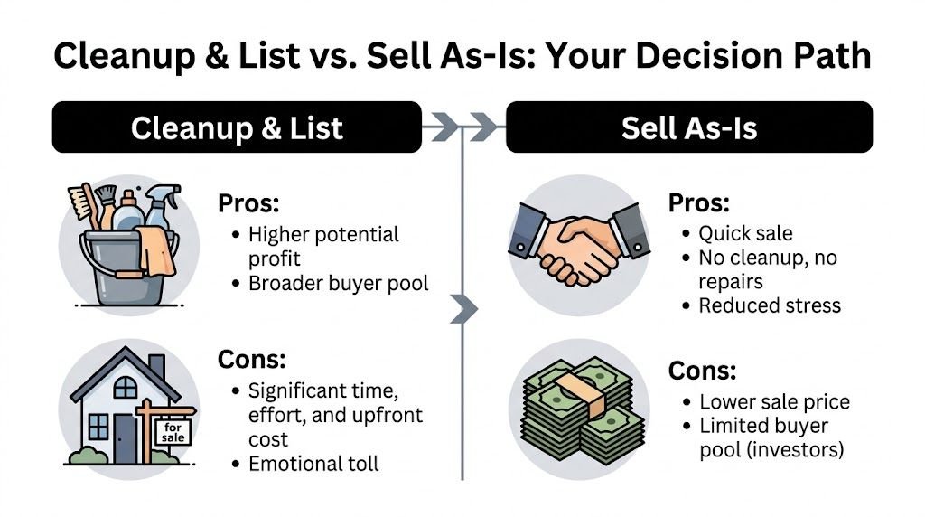 A comparison chart showing the pros and cons of cleaning and listing versus selling houses as-is.