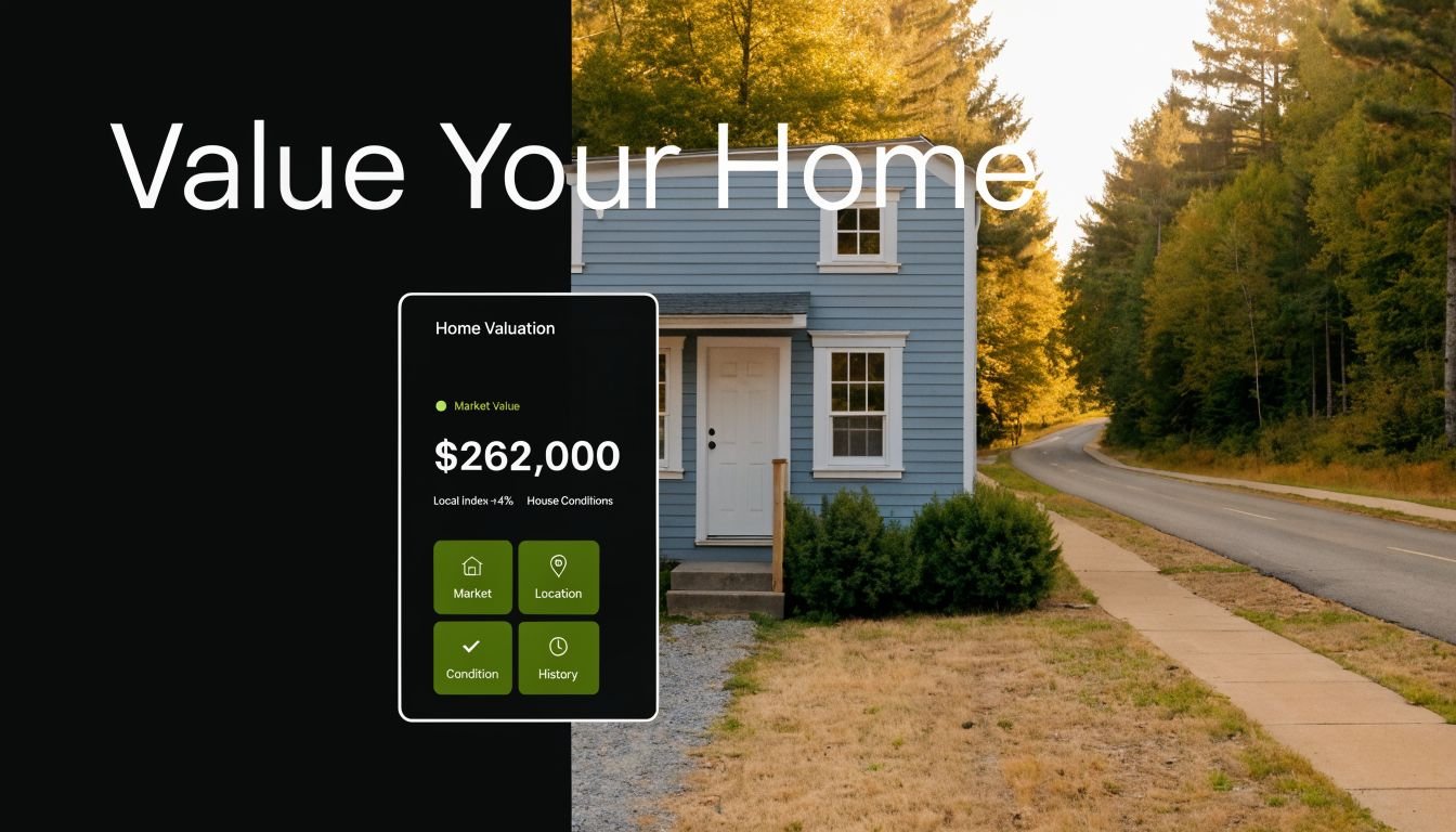 A digital graphic overlay showing a home valuation estimate of two hundred sixty two thousand dollars for real estate.