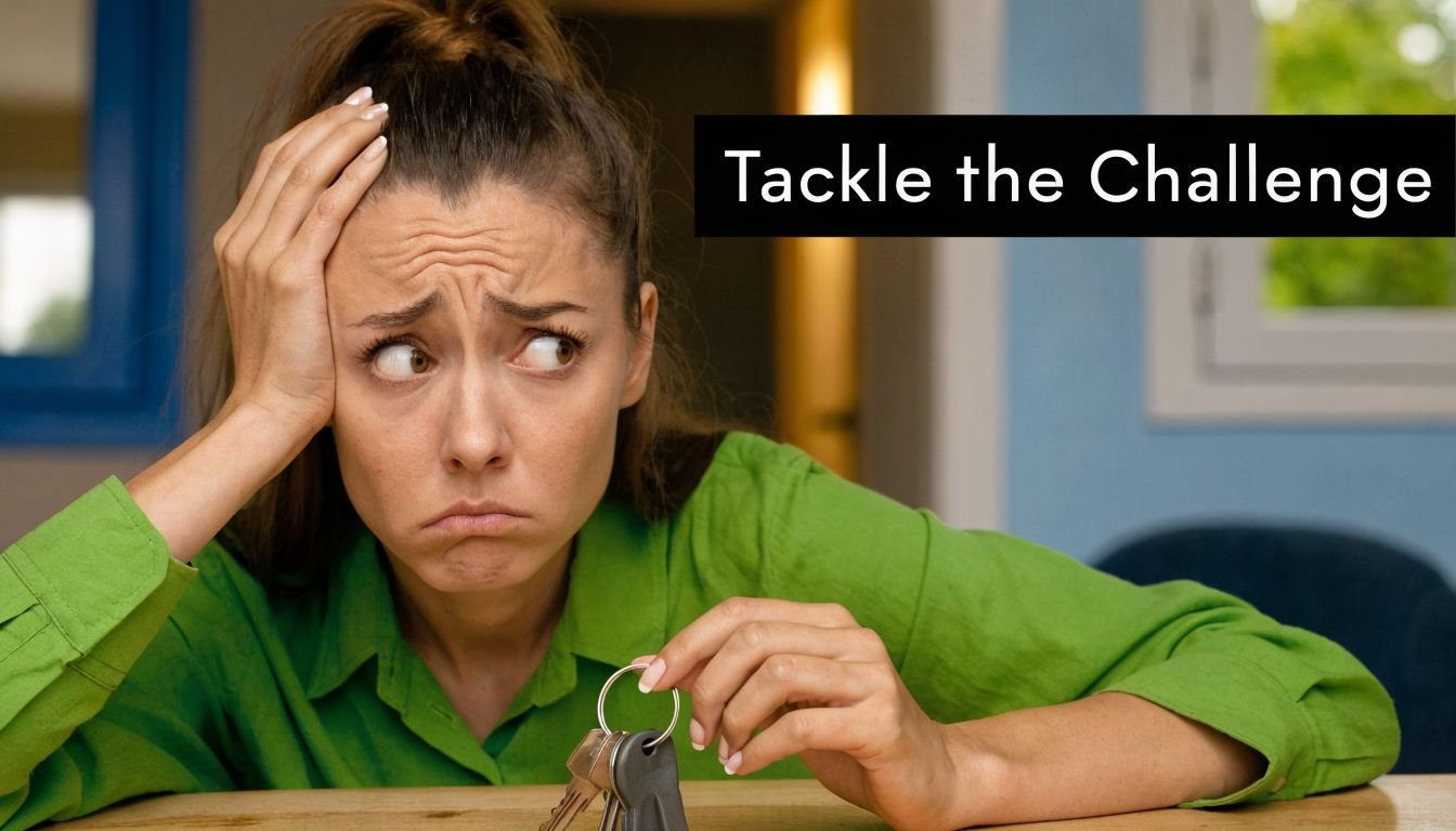 A woman looks stressed and overwhelmed while holding house keys, expressing concern about property issues.