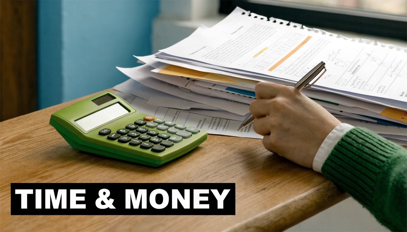 A person reviewing financial documents with a calculator and pen on a wooden desk.