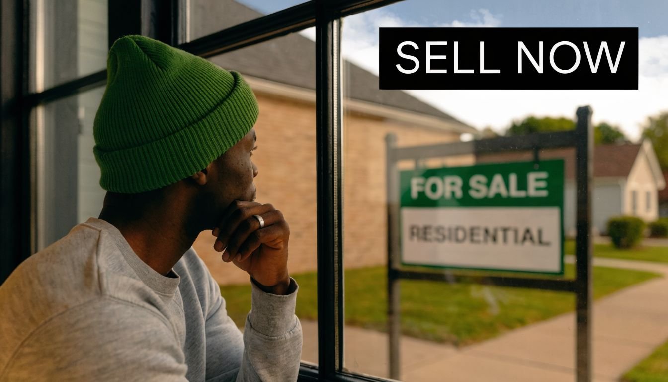 A man wearing a green beanie looks out a window at a for sale residential sign.