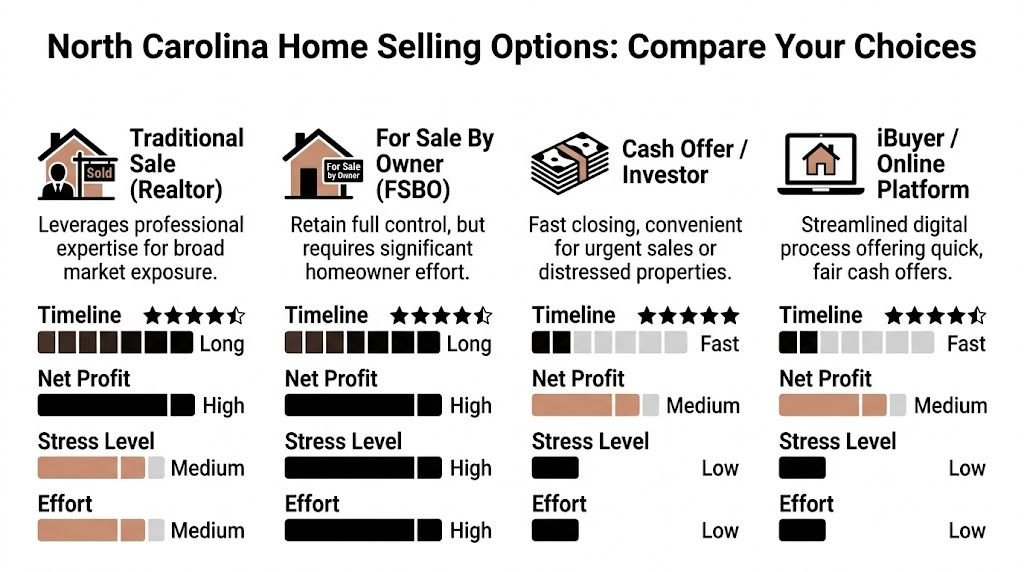 A comparison chart showing four different options for selling a home in North Carolina with performance ratings.