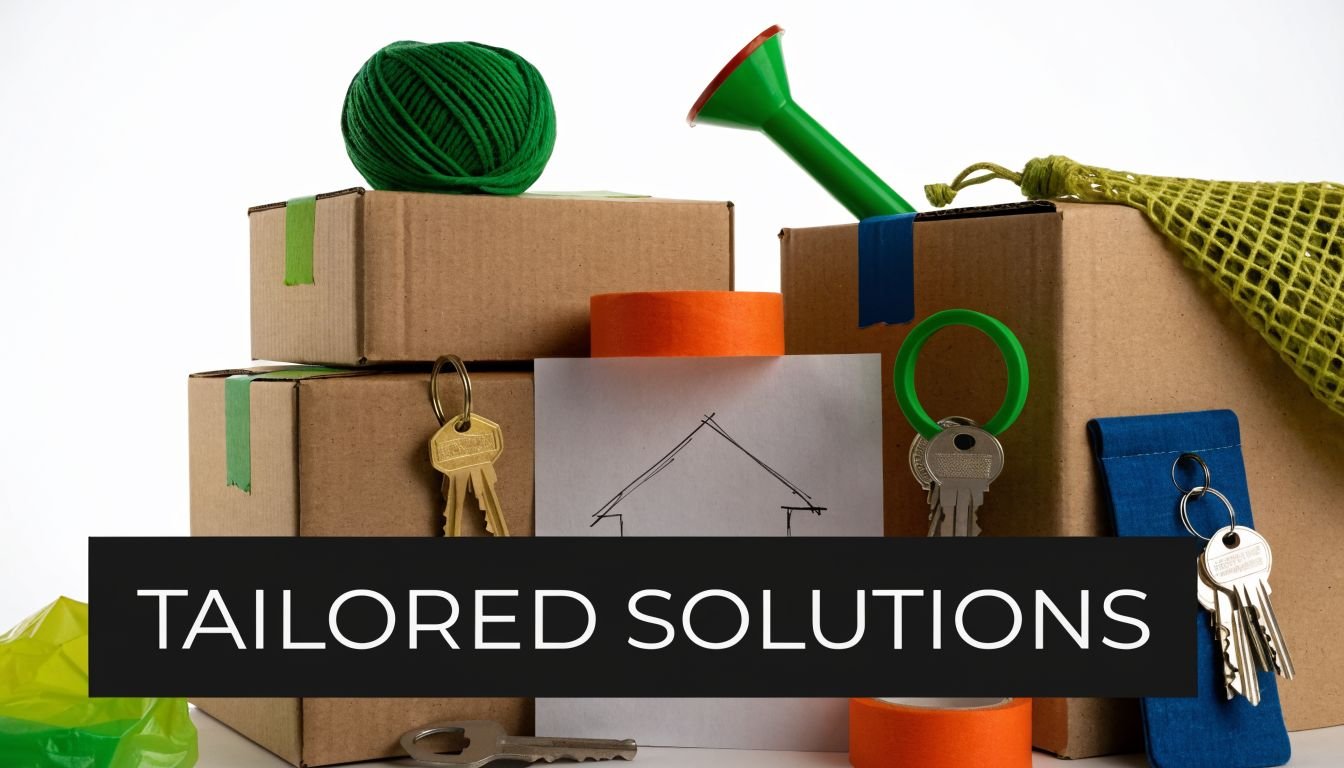 Cardboard boxes, keys, and a drawing of a house symbolizing customized real estate moving services.