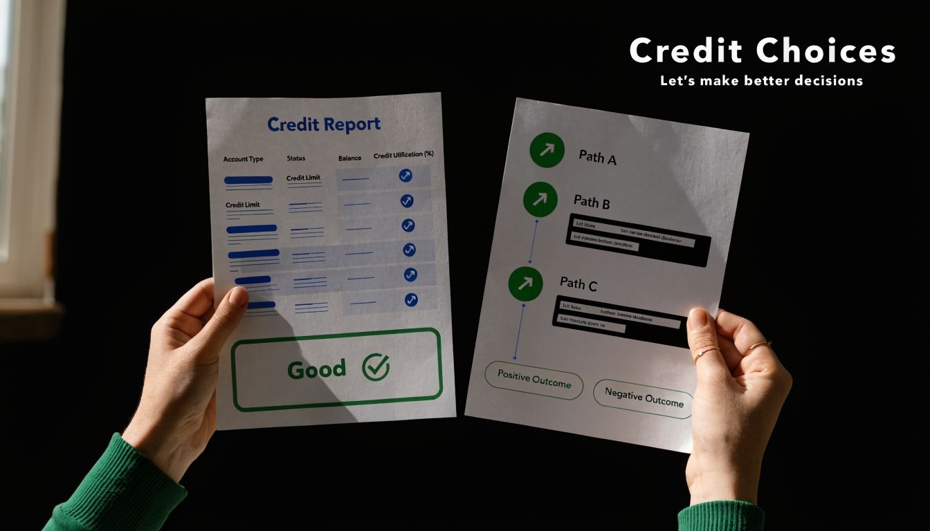 A person holding two papers displaying credit report information and different decision-making paths for financial guidance.