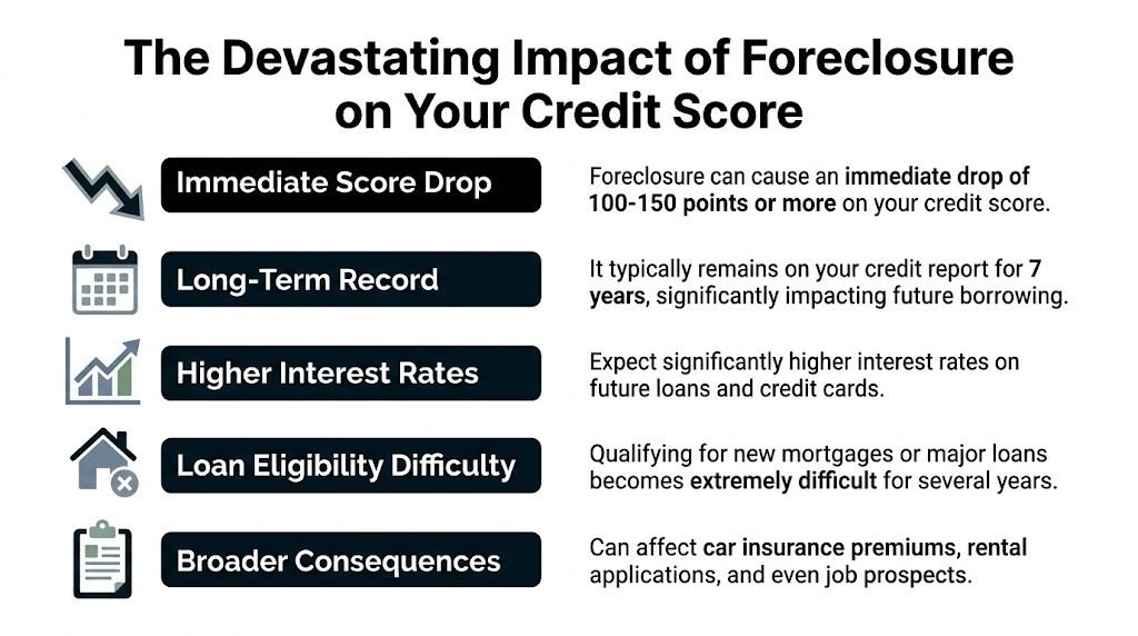 An infographic showing the negative effects of foreclosure on your credit score and financial future.