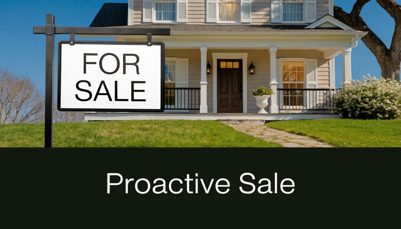 A for sale real estate sign positioned in front of a house on a sunny day.