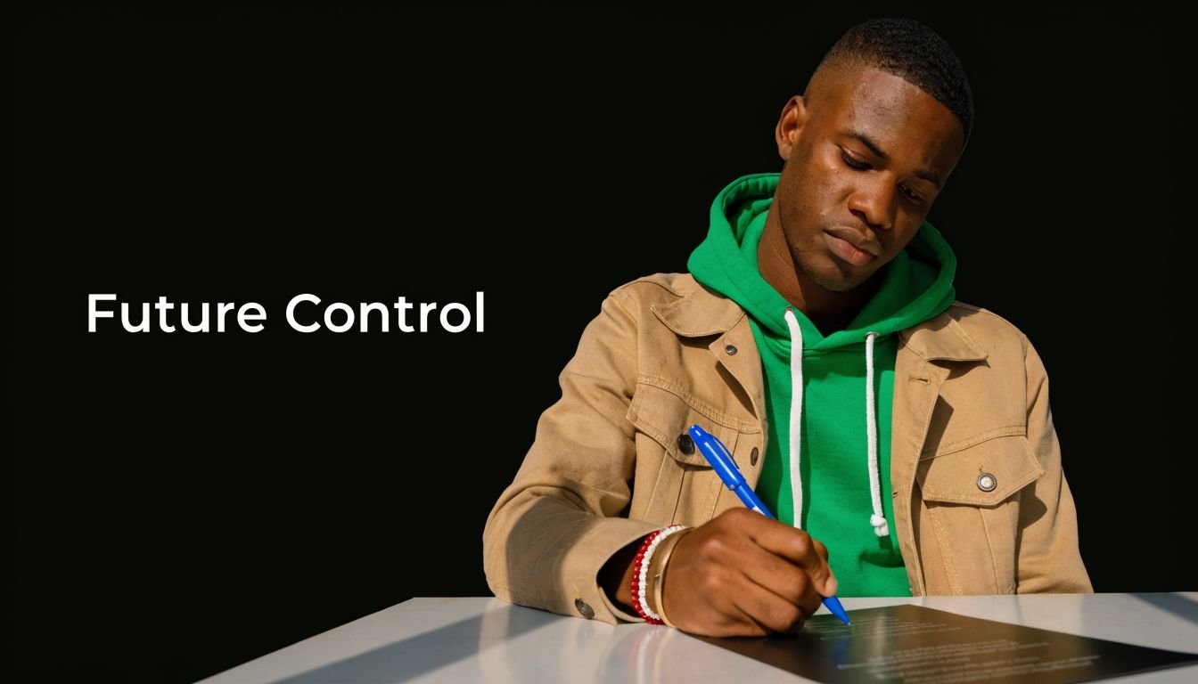 A focused man wearing a green hoodie writing on a document with a blue pen.