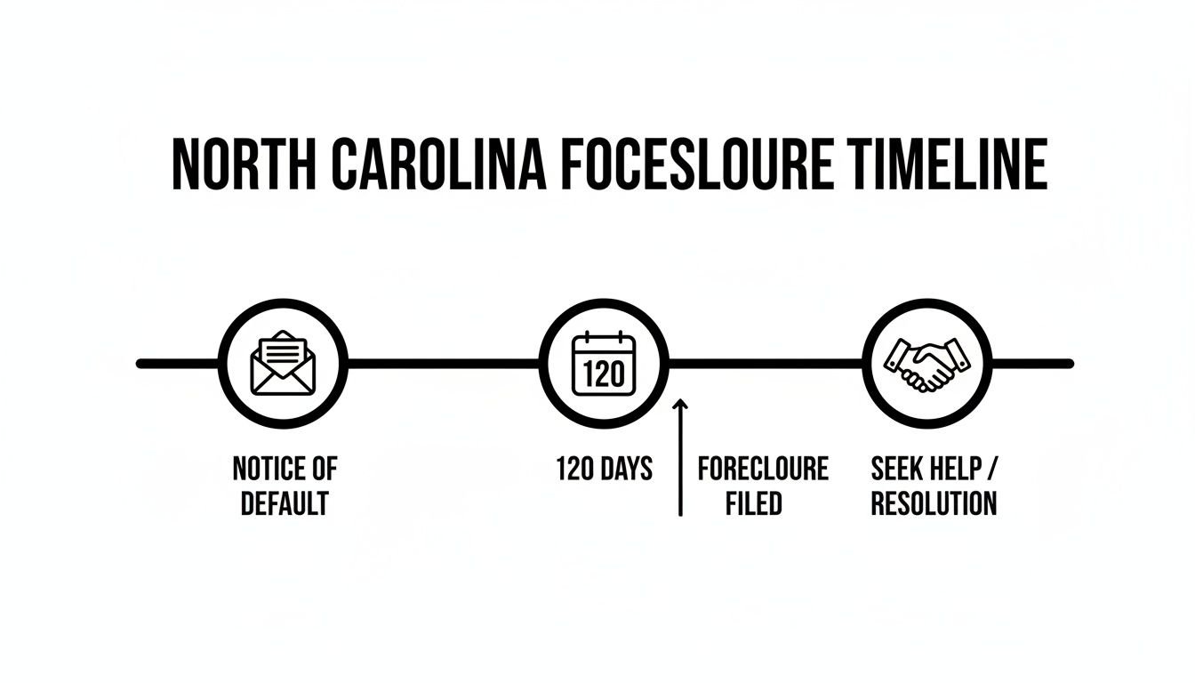 North Carolina foreclosure timeline showing notice of default, 120 days until filed, and seeking resolution.