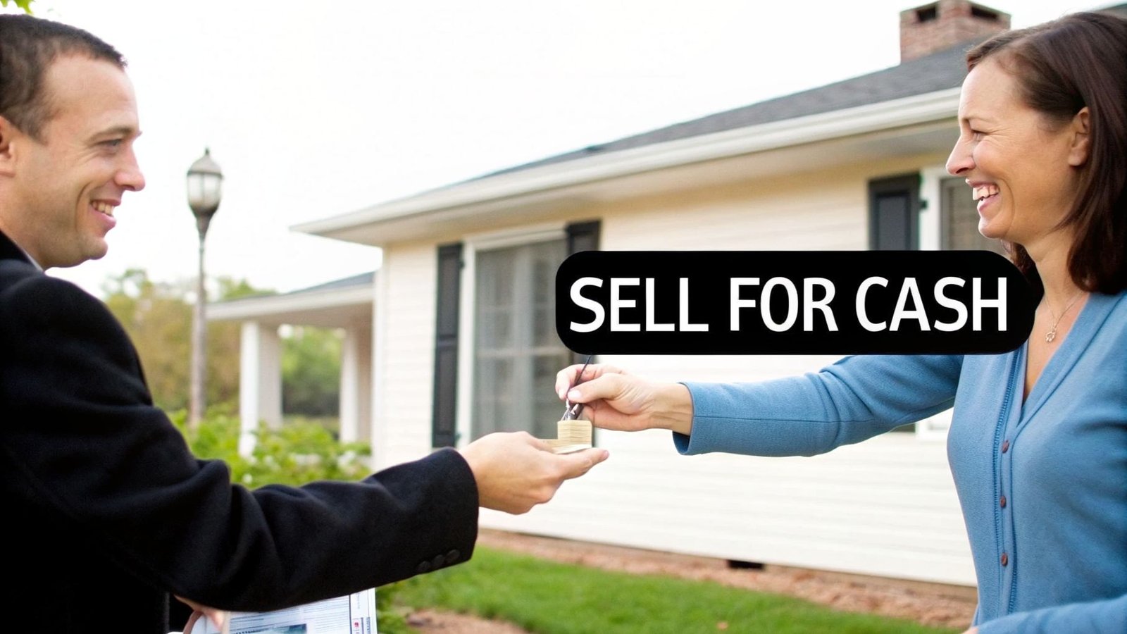 A smiling woman hands house keys to a man with a 'SELL FOR CASH' overlay, outside a home.