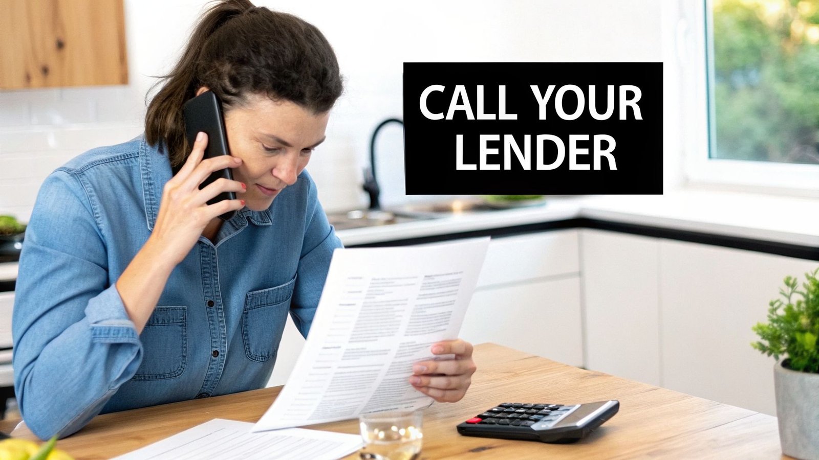 Woman on the phone, looking at financial documents, with a calculator and text 'CALL YOUR LENDER'.