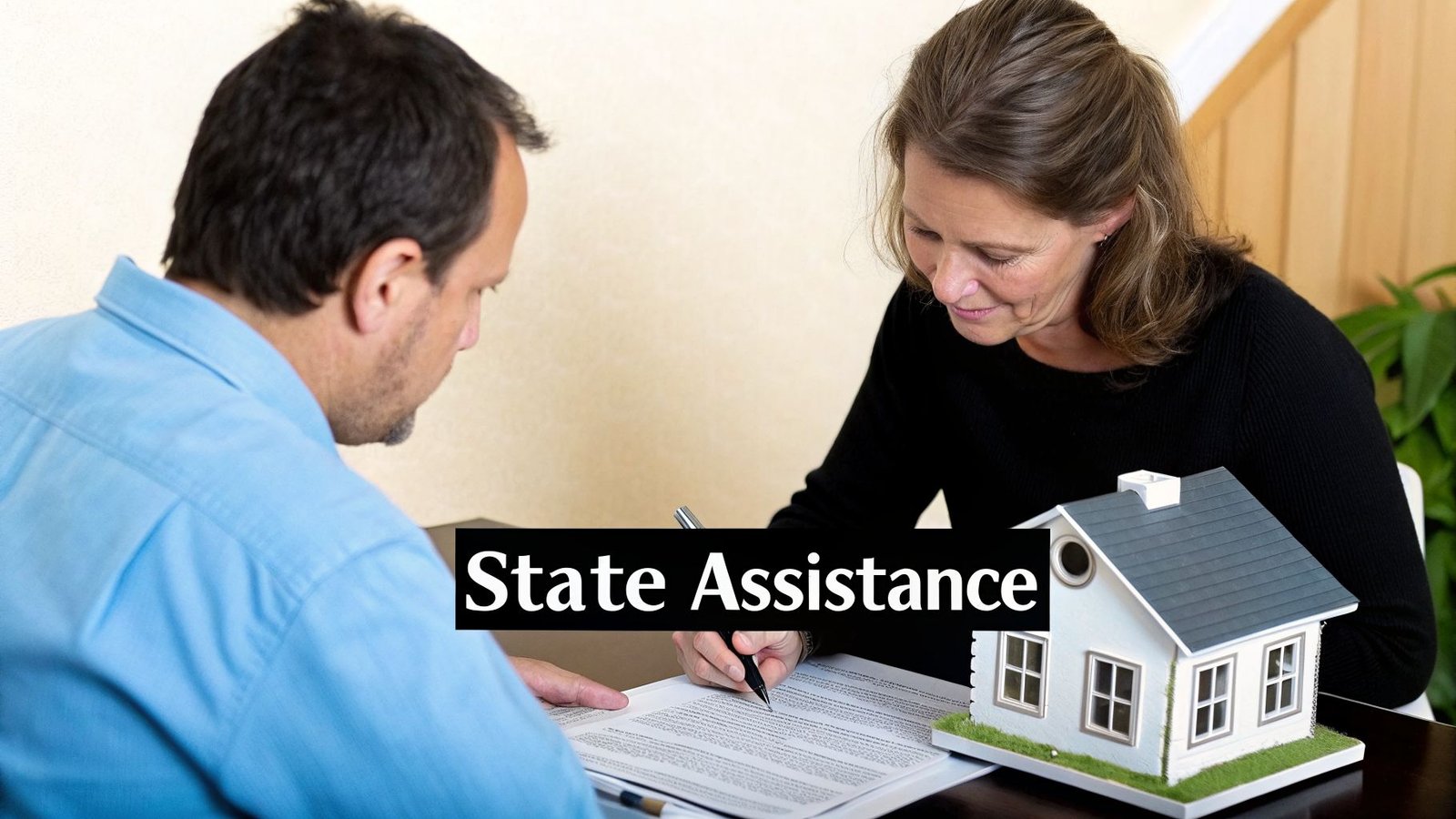 Two people reviewing and signing documents on a table with a model house, representing state assistance.