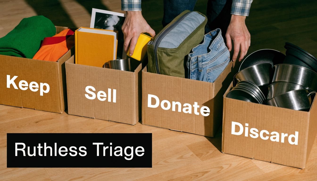 A person sorting through household items into four cardboard boxes labeled Keep, Sell, Donate, and Discard.