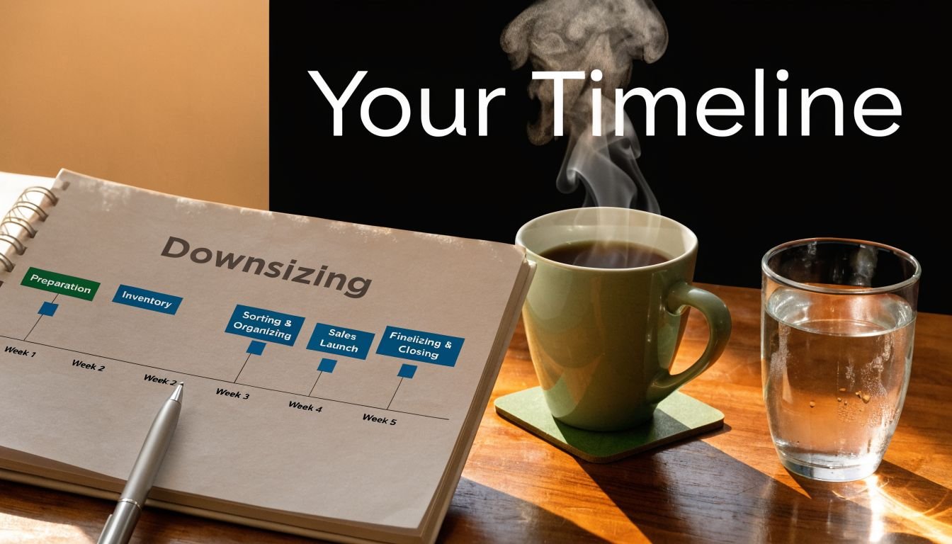 A planning notebook showing a five-week downsizing timeline with a coffee mug and water glass.