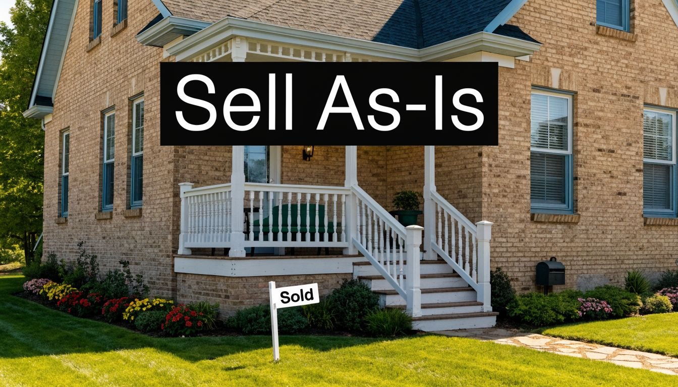 A brick suburban home with a white porch and a sold sign on the front lawn.