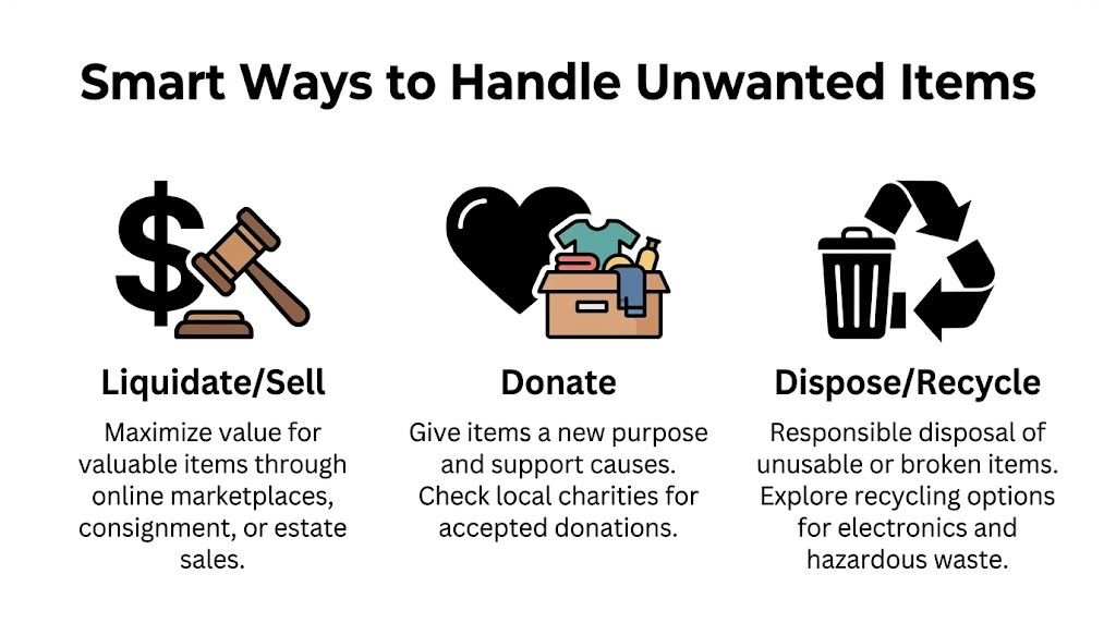 An infographic illustrating three smart ways to handle unwanted items: liquidating, donating, and recycling or disposing.