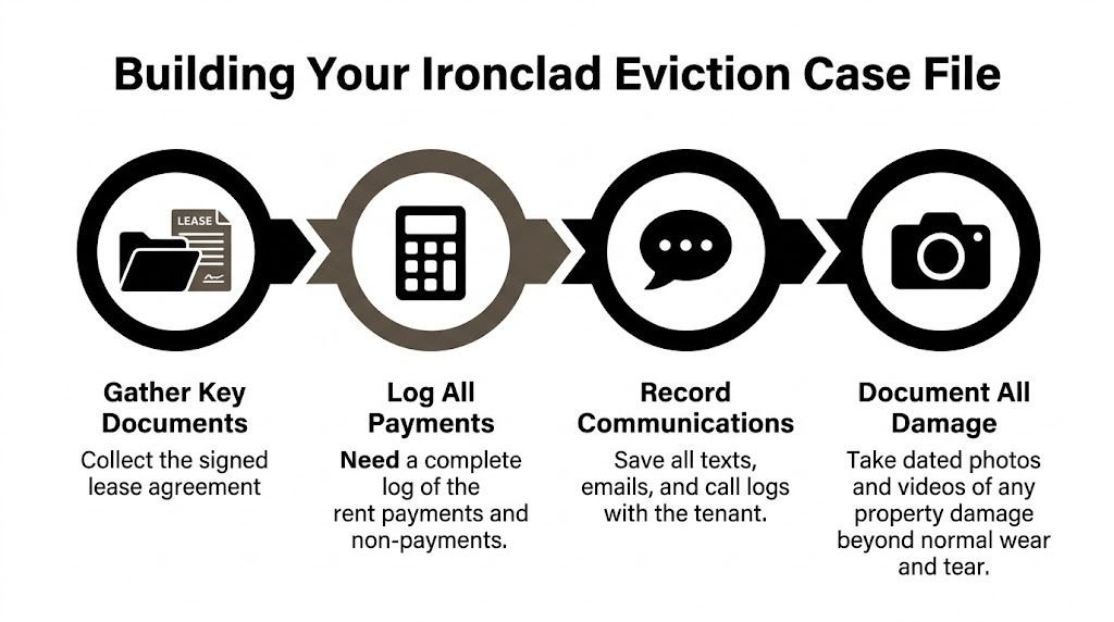 An infographic showing four essential steps for landlords to prepare an ironclad eviction case file.