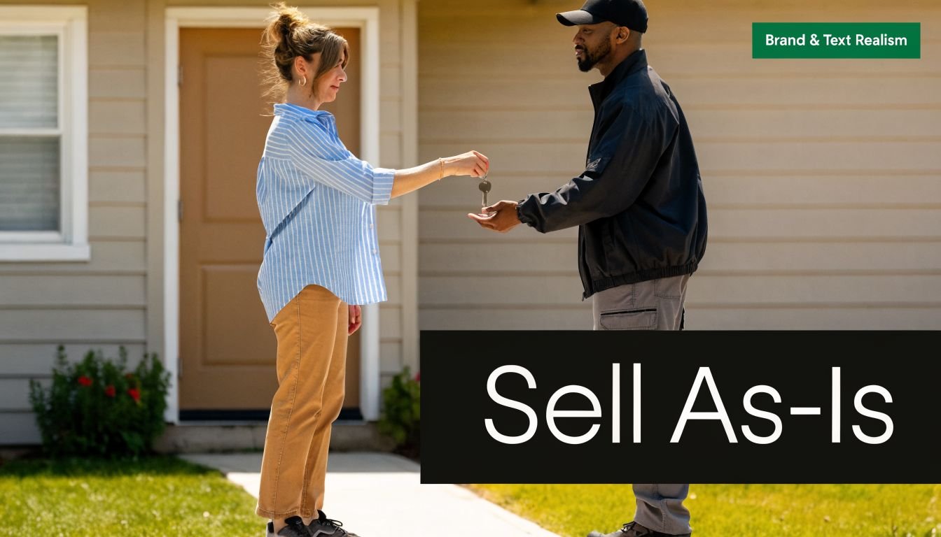 A woman handing house keys to a man in front of a suburban home, representing property sale.