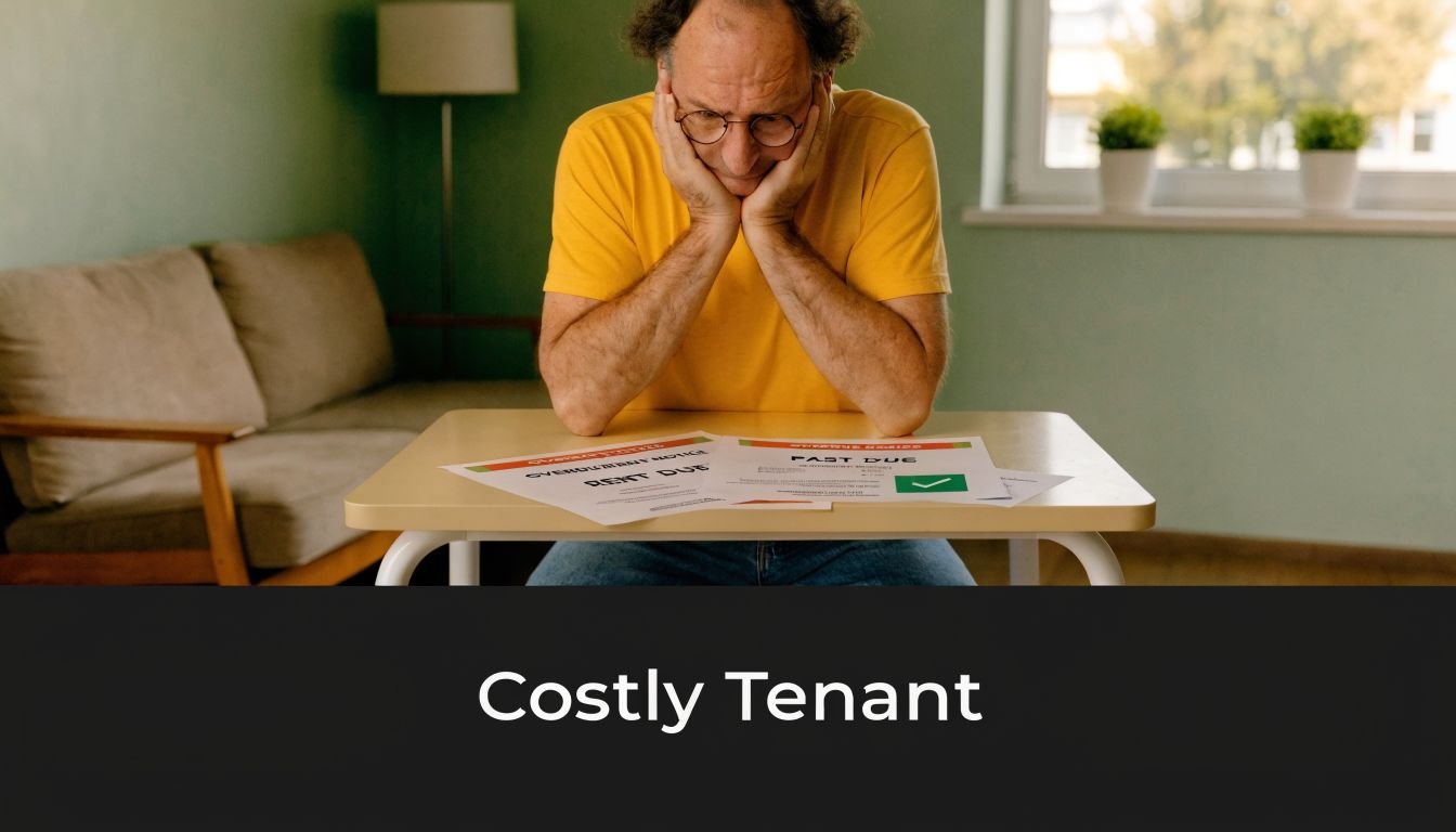 A worried man sitting at a desk with past due rent notices in a living room.