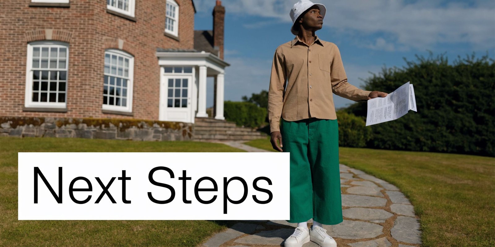 A man wearing a bucket hat and green trousers standing on a pathway holding probate paperwork documents.