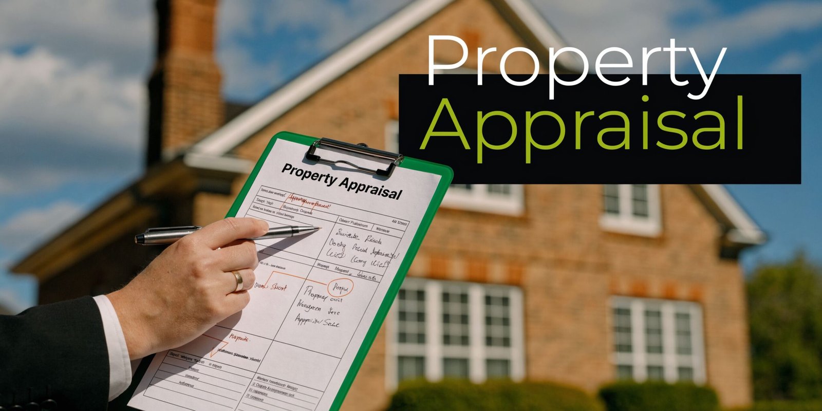 A professional appraiser holds a clipboard while evaluating a residential property for a house sale.