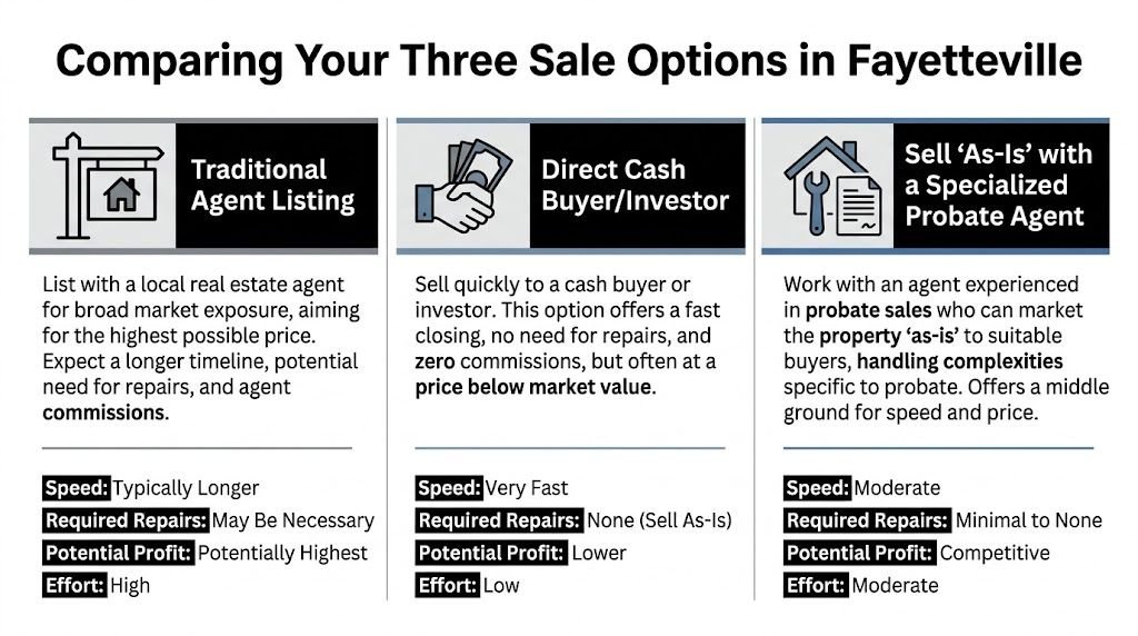 A comparison chart outlining three real estate sale options in Fayetteville: agent listing, cash buyer, and probate agent.