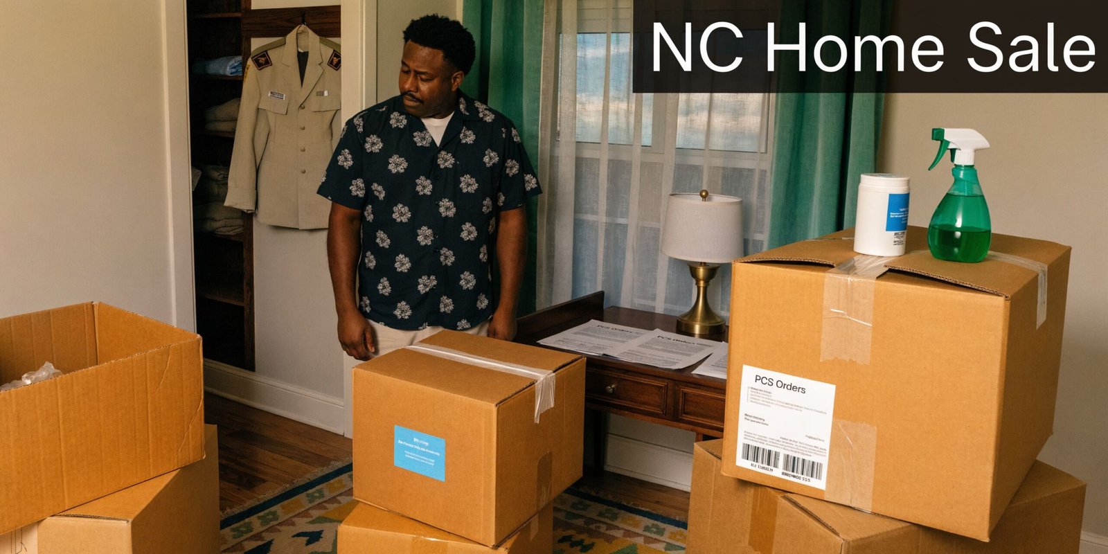 A man in a floral shirt packs cardboard moving boxes in a bedroom for an NC home sale.