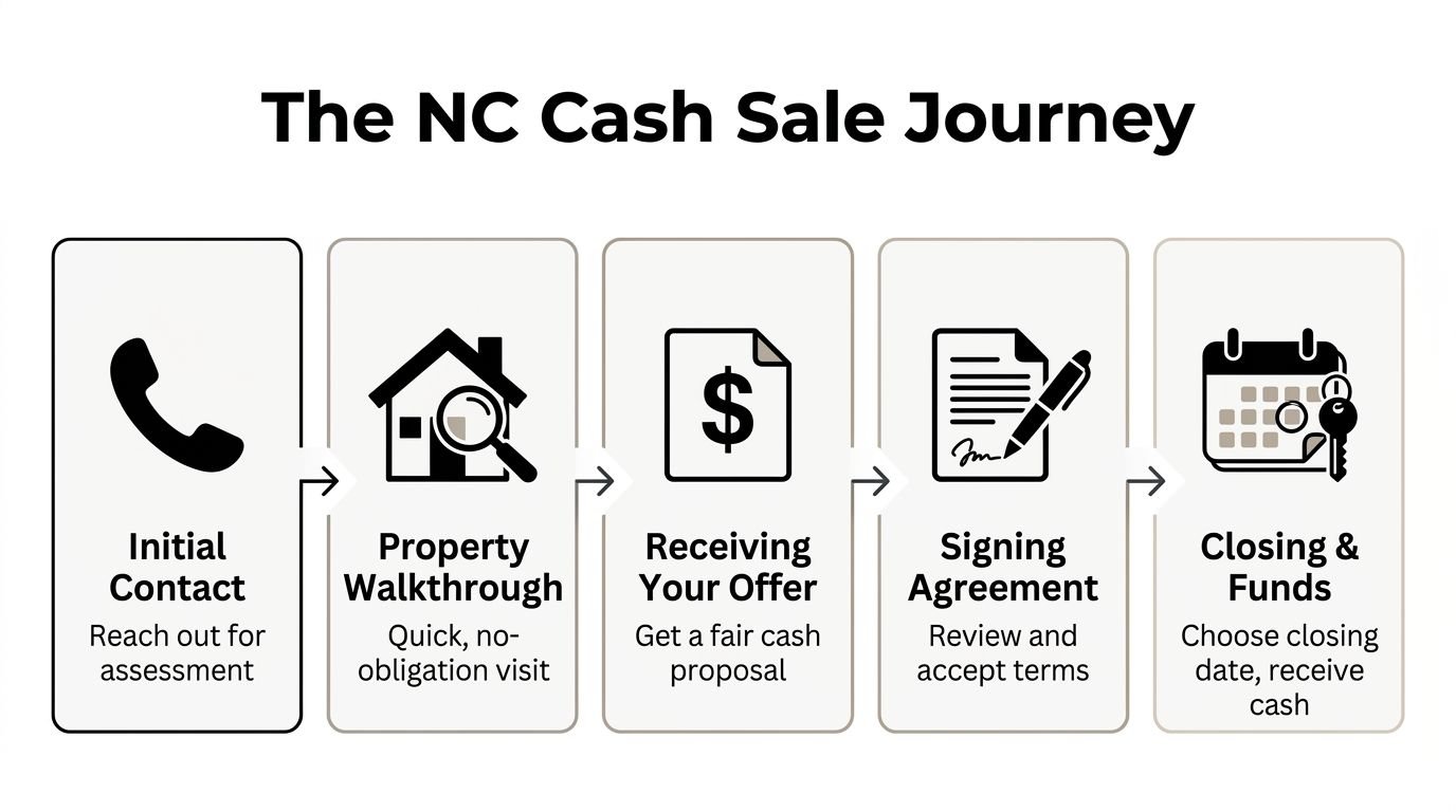 A five-step flowchart illustrating the simple and quick NC cash home sale journey process.