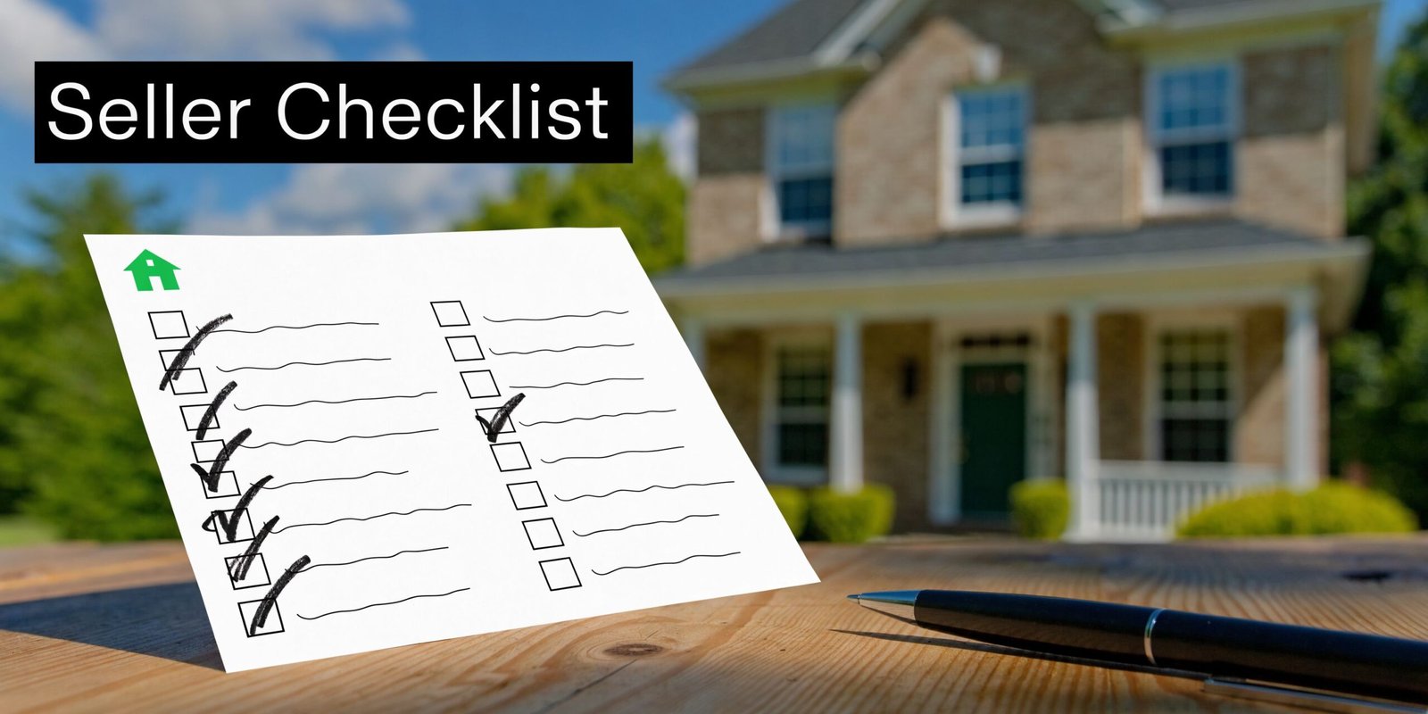 A house seller checklist on a wooden table with a pen in front of a blurred house.