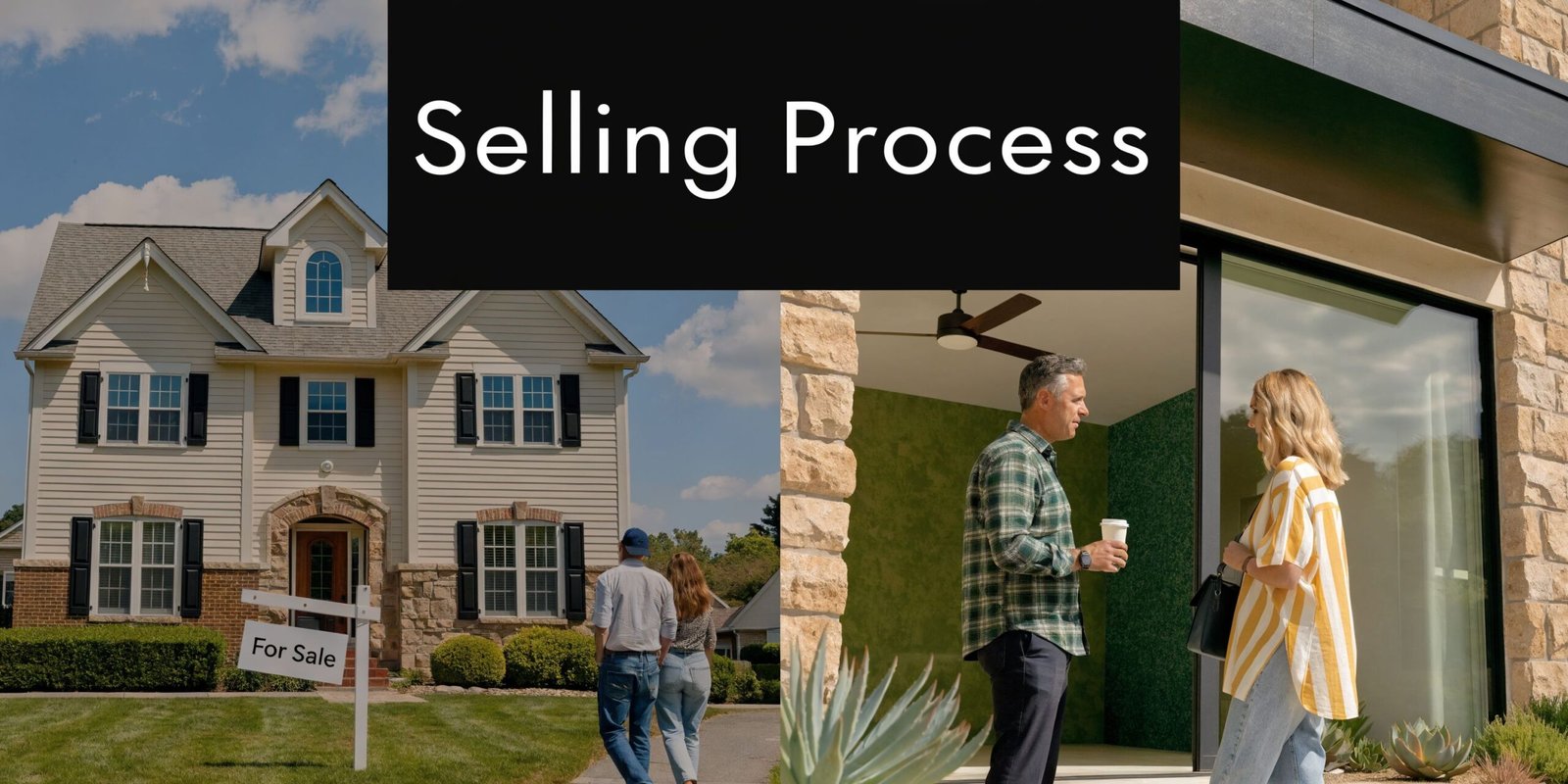 A couple walks towards a for sale house while another couple talks outside a modern property