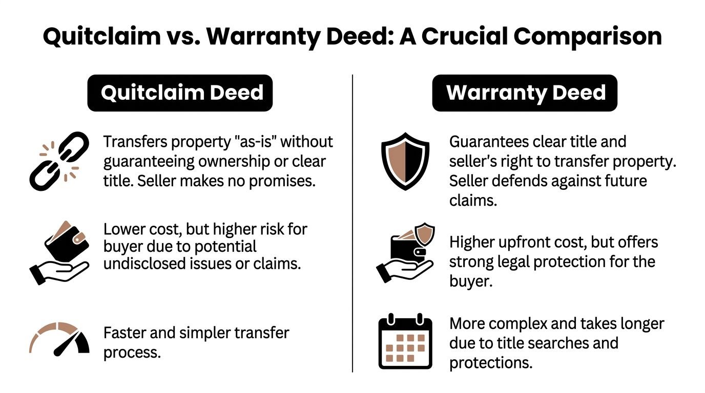 A comparison chart highlighting the key differences between a Quitclaim Deed and a Warranty Deed.