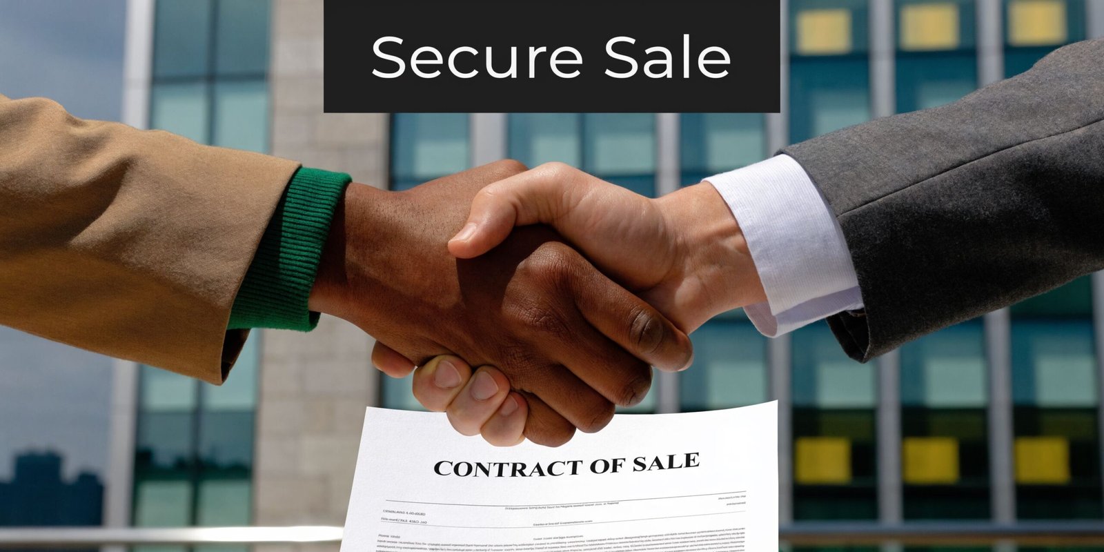 A close-up of two people shaking hands over a formal contract of sale document.