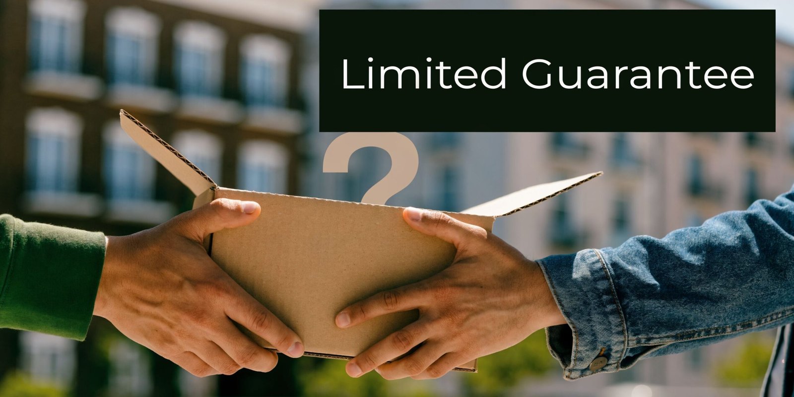 Two people exchanging a cardboard box with a large question mark symbol visible inside of it.