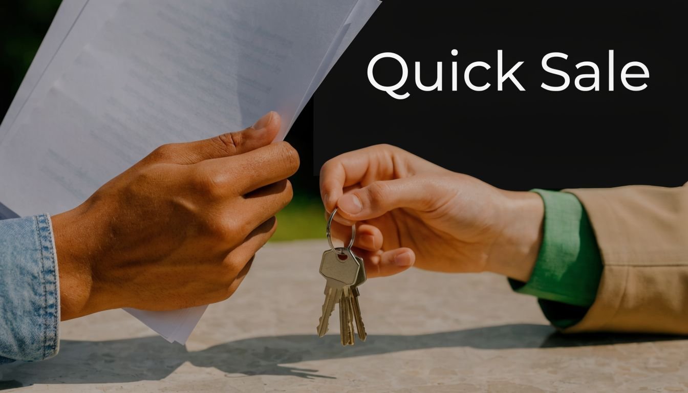 A hand handing over house keys to another person while holding property documents for a quick sale.